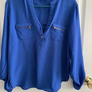 Meraki Blue Gold Relaxed Blouse with Mandarin Collar